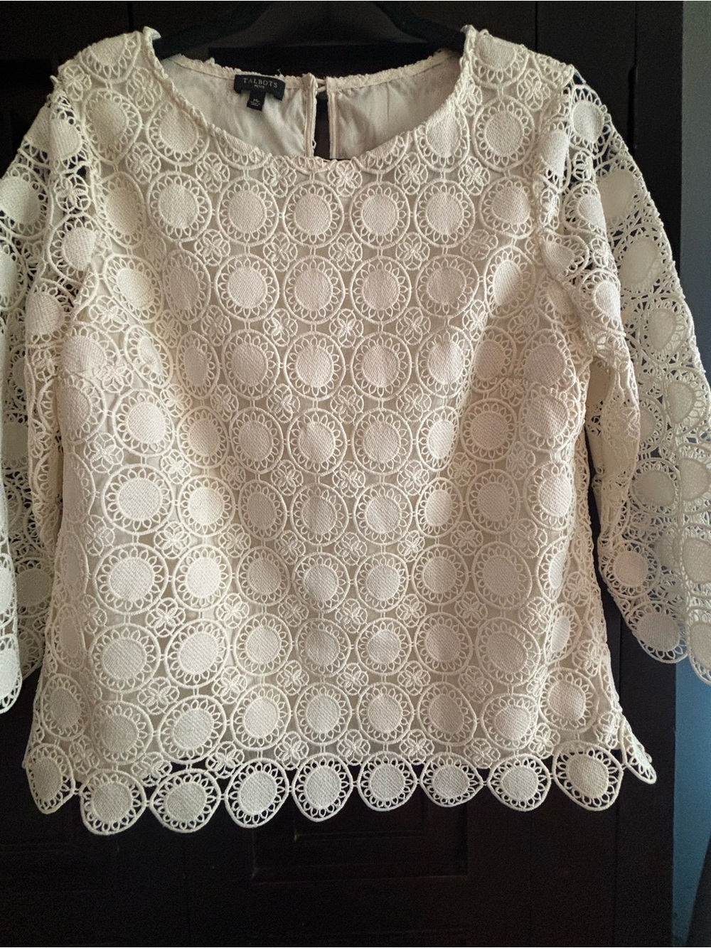 Talbots Petite Ivory Medallion Lace Crochet Blouse 3/4 Sleeve Lined Top MP NWOT